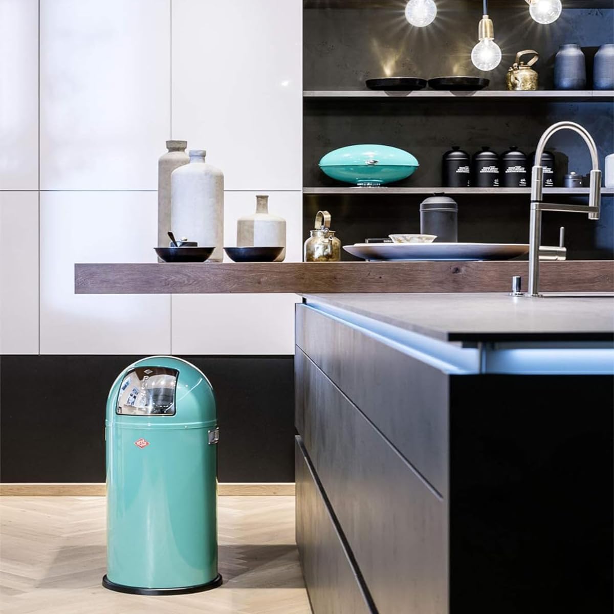 WESCO Poubelle Pushboy de couleur rouge, tôle d'acier revêtue par pulvérisation, volume de 50 litres, grand rabat en acier inoxydable, récipient intérieur amovible