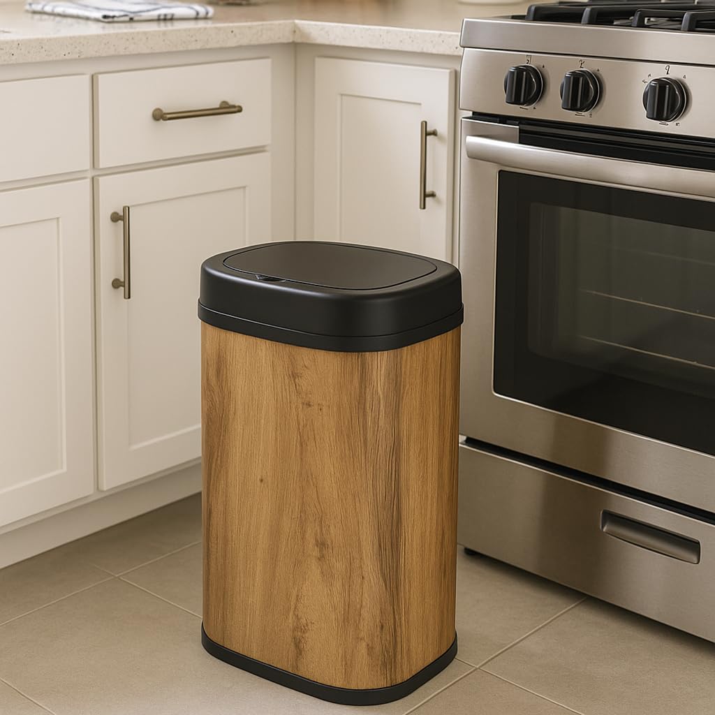 KITCHEN MOVE MAJESTIC WOOD Automatic Kitchen Bin 58L Wood Design Large Capacity Stainless Steel with Strapping