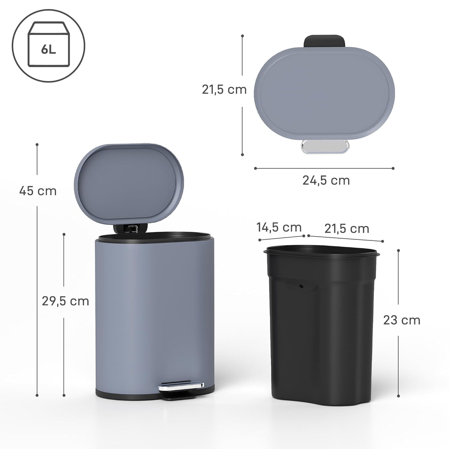 HOMCOM Poubelle cuisine 6L compacte, poubelle à pédale en métal avec seau intérieur amovible, couvercle à fermeture douce, anti-traces de doigts, pour chambre, salle de bain, bureau, grise