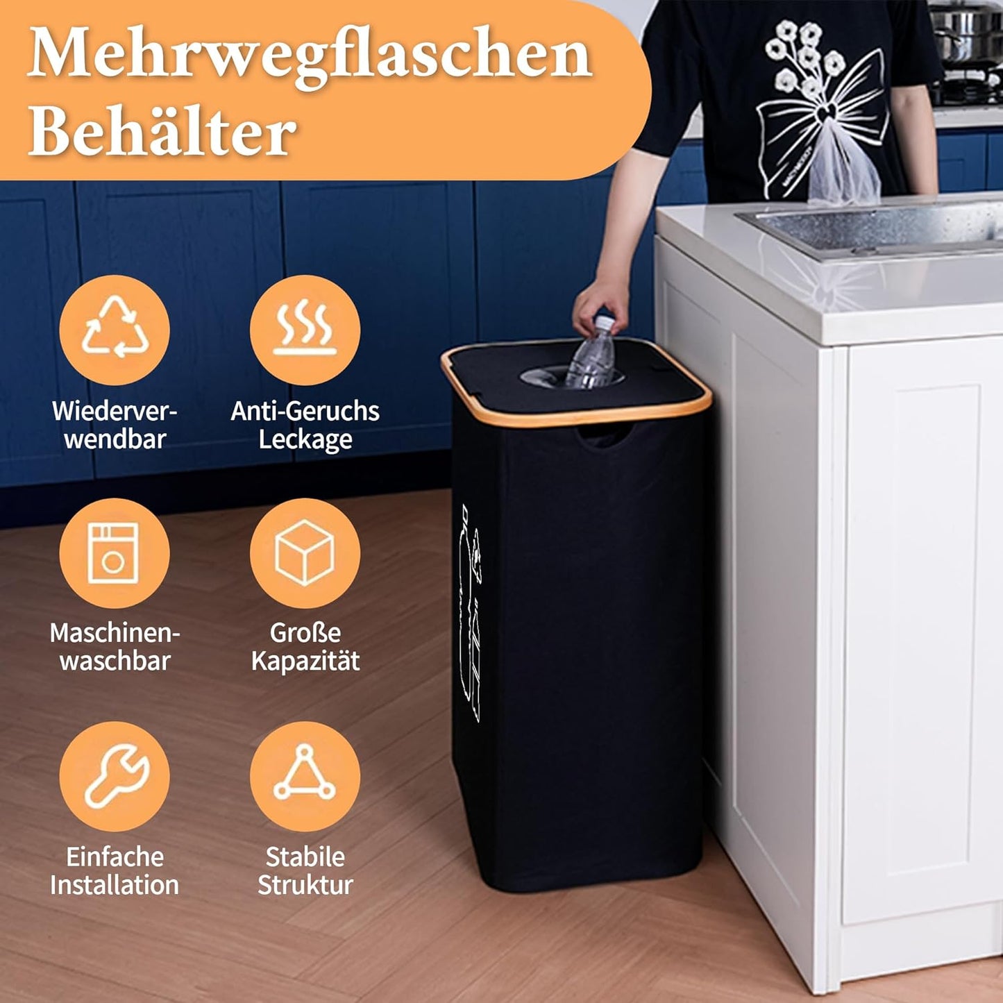Poubelle de Tri Sélectif 100L avec Couvercle–Collecteur de Bouteilles Pliable avec Trou de Dépôt et Sacs de Transport, Idéale pour le Recyclage en Cuisine et en Extérieur