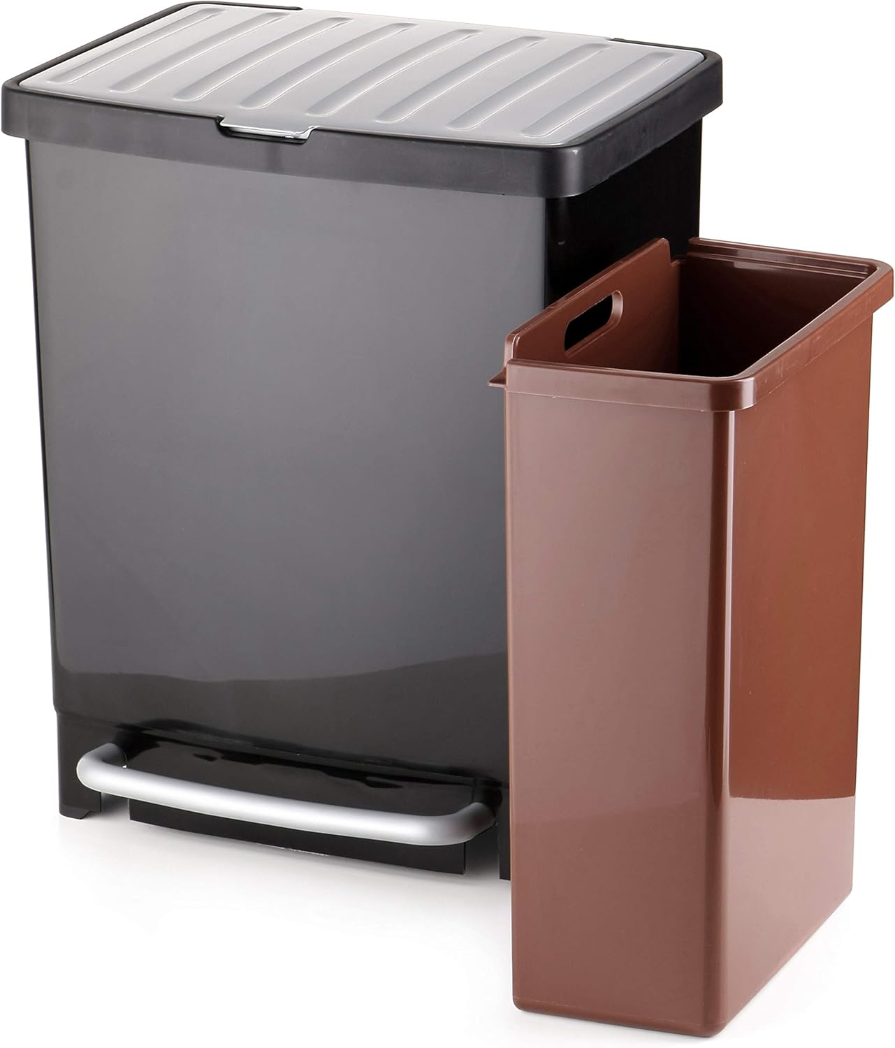 TATAY Poubelle de Recyclage avec Pédale 25L | 2 Compartiments (17L + 8L) | Usage Intérieur et Extérieur | Pour Sacs de 30L | Plastique Résistant Sans BPA | 33,5x31x42 cm, Noir