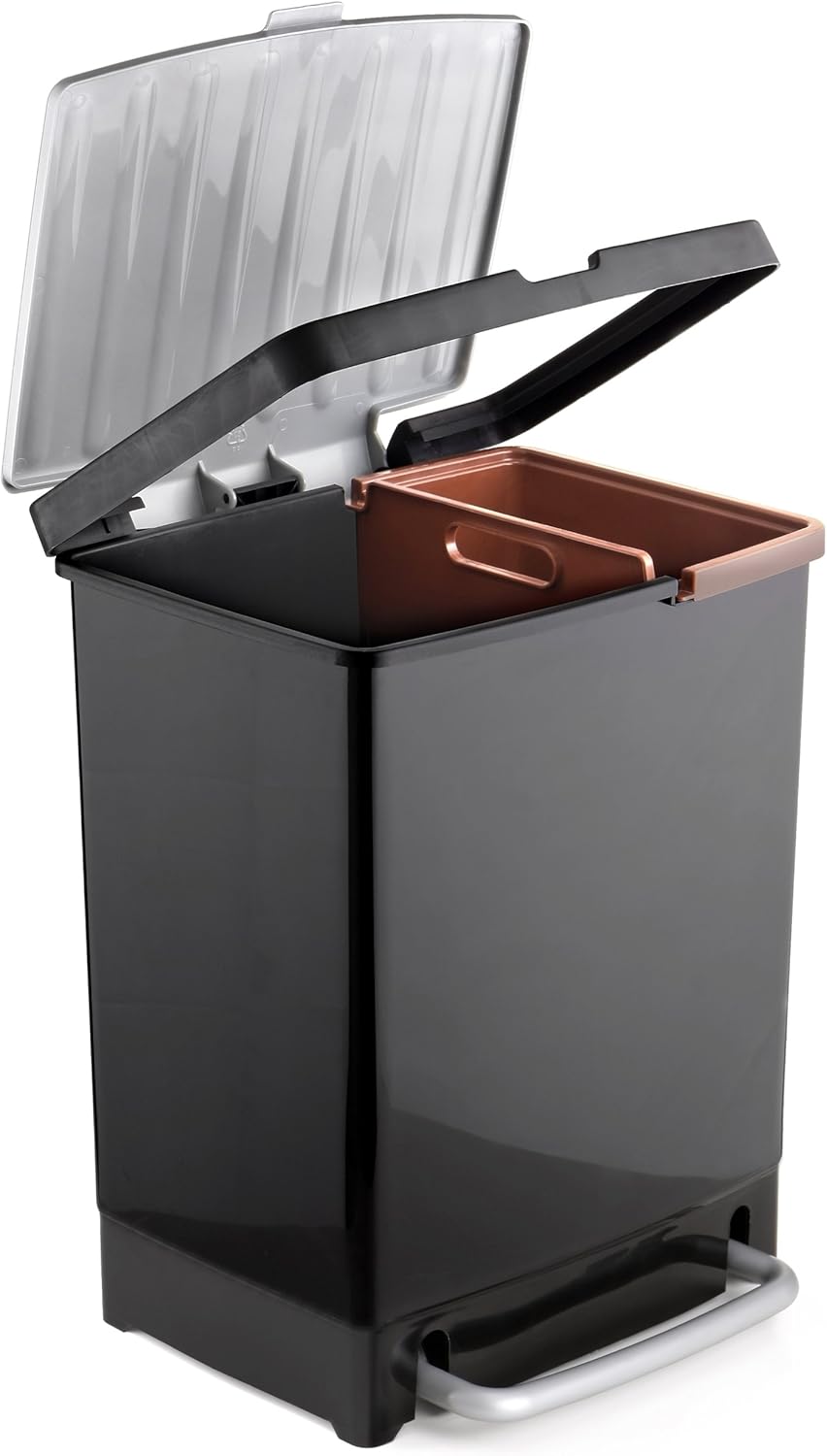 TATAY Poubelle de Recyclage avec Pédale 25L | 2 Compartiments (17L + 8L) | Usage Intérieur et Extérieur | Pour Sacs de 30L | Plastique Résistant Sans BPA | 33,5x31x42 cm, Noir