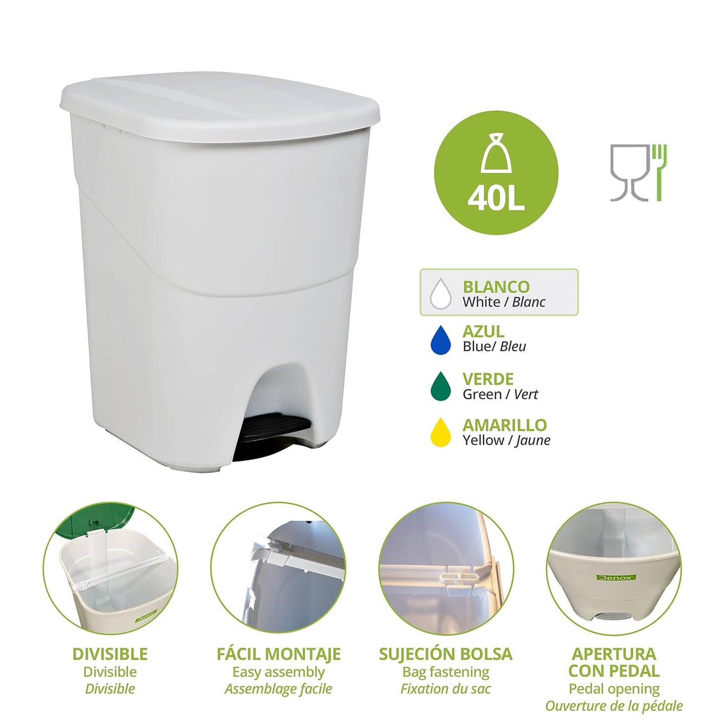Pédale écologique 40 litres, blanc, 393 x 352 x 470 mm poubelle