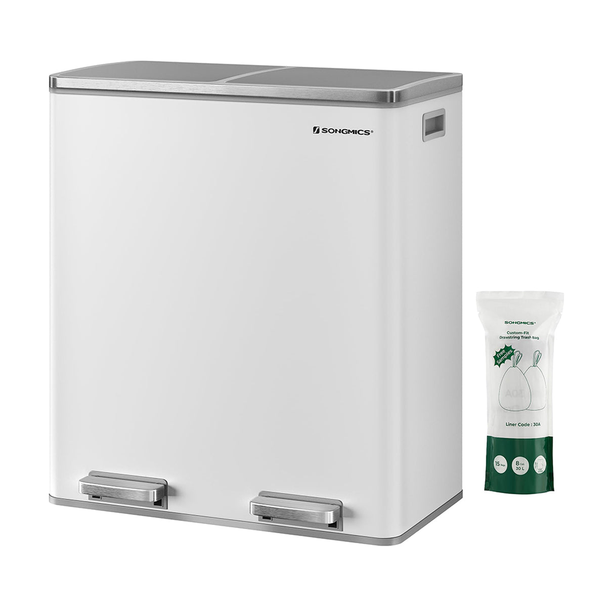 Poubelle Double Compartiment 2 x 30 L avec pedale cuisine blanche