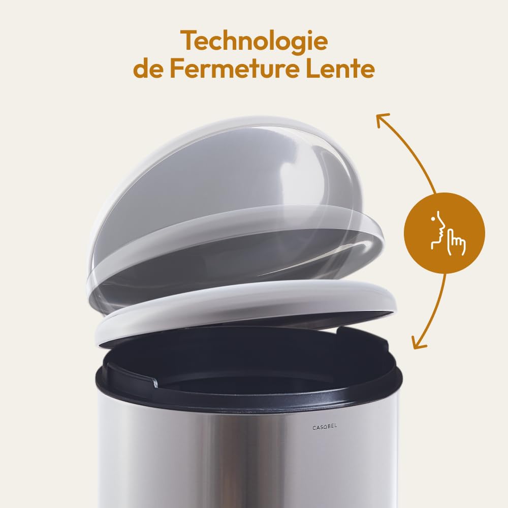 Poubelle cuisine 30L ronde en acier inoxydable fermeture lente