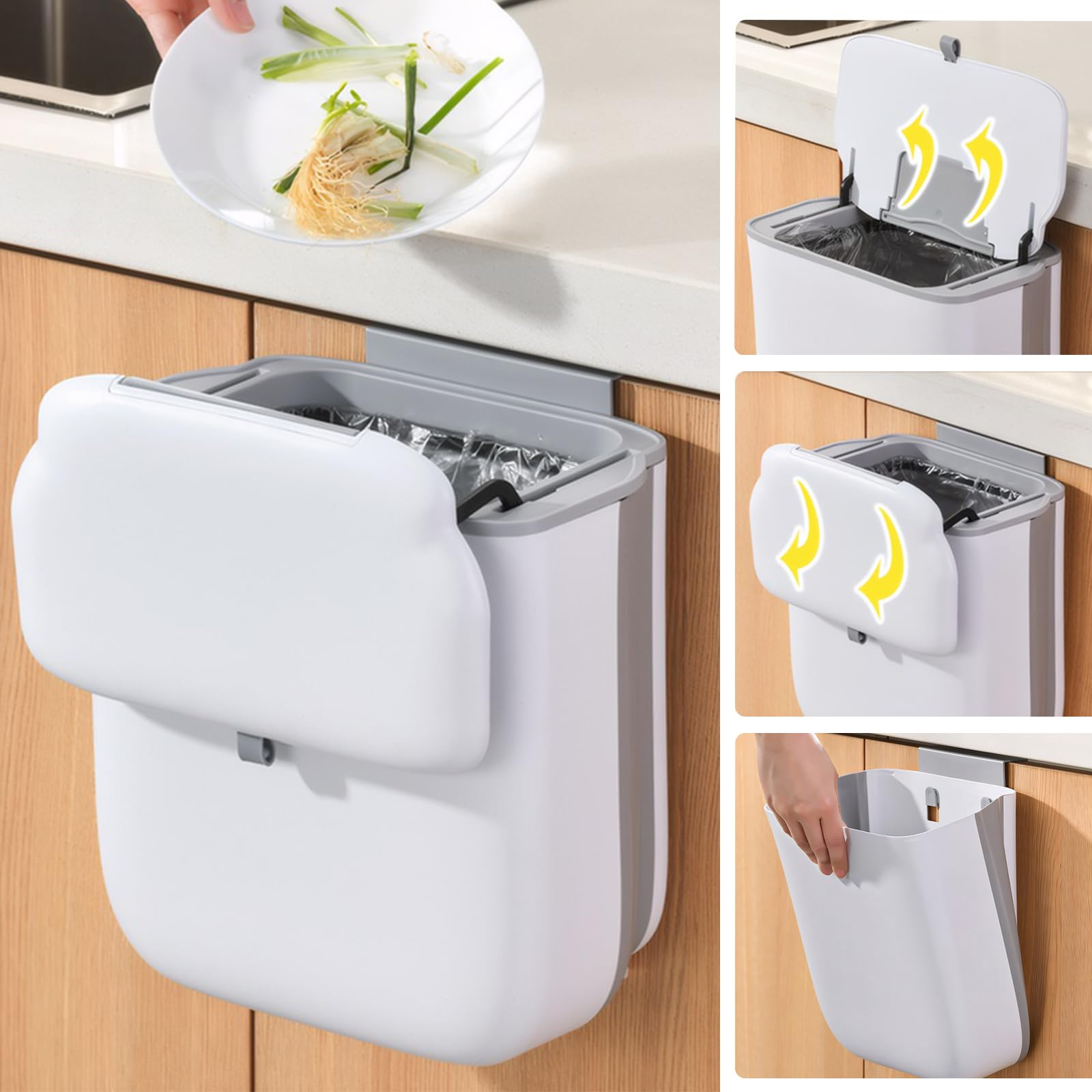 Poubelle de cuisine 9L pliable avec couvercle – Modèle mural et suspendu,