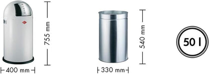 WESCO Poubelle Pushboy de couleur rouge, tôle d'acier revêtue par pulvérisation, volume de 50 litres, grand rabat en acier inoxydable, récipient intérieur amovible