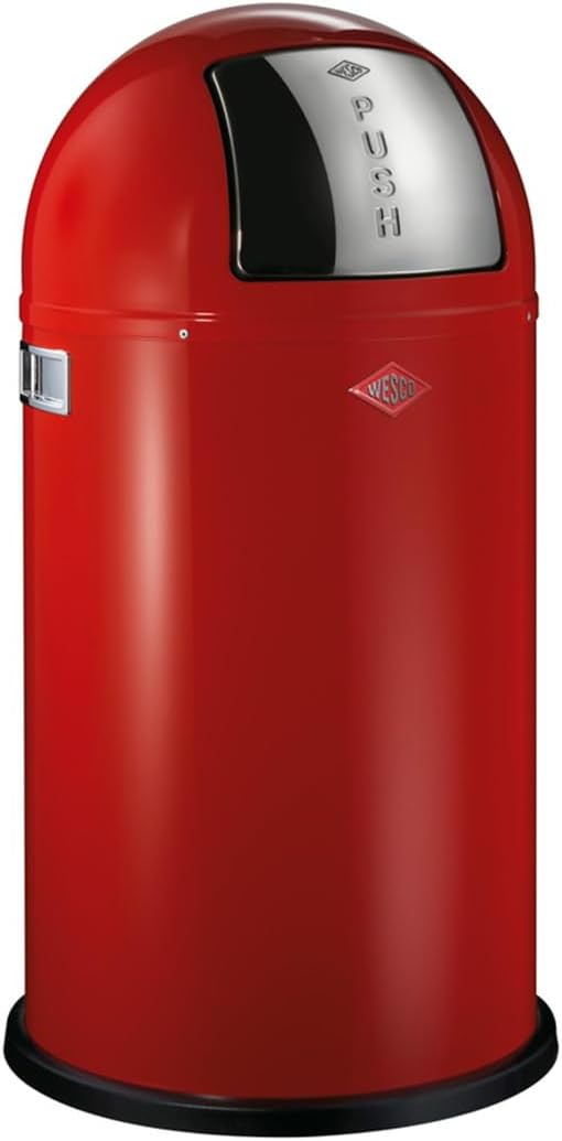 WESCO Poubelle Pushboy de couleur rouge, tôle d'acier revêtue par pulvérisation, volume de 50 litres, grand rabat en acier inoxydable, récipient intérieur amovible