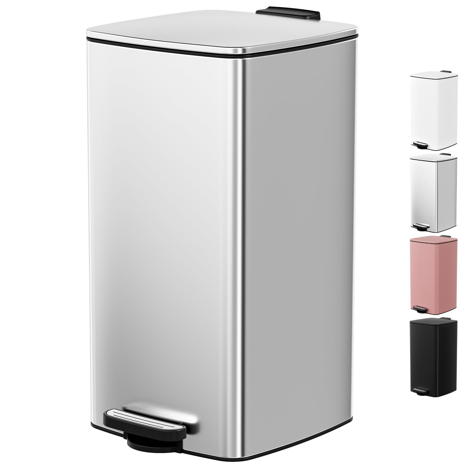 LIFERUN 30L Kitchen Pedal Bin, Rectangular Steel Trash Can with Soft-Close Lid, Interior Bucket and Open Hold Function for Kitchen, Living Room and Office - Pink