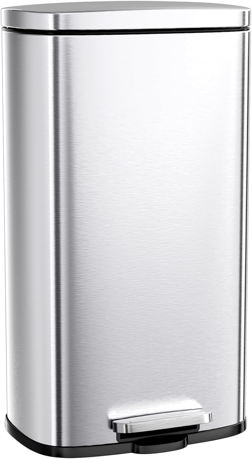 Clevich Poubelle 30 l en acier - Poubelle à pédale avec couvercle Soft-Close - Pédale - Seau intérieur amovible en plastique - Pour cuisine, salle de bain, bureau - Argenté