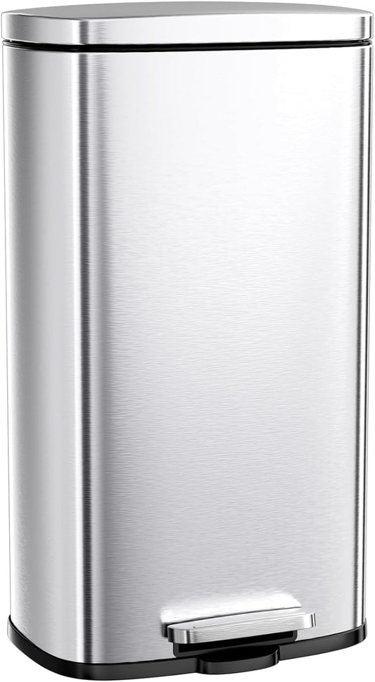 Clevich Poubelle 30 l en acier - Poubelle à pédale avec couvercle Soft-Close - Pédale - Seau intérieur amovible en plastique - Pour cuisine, salle de bain, bureau - Argenté