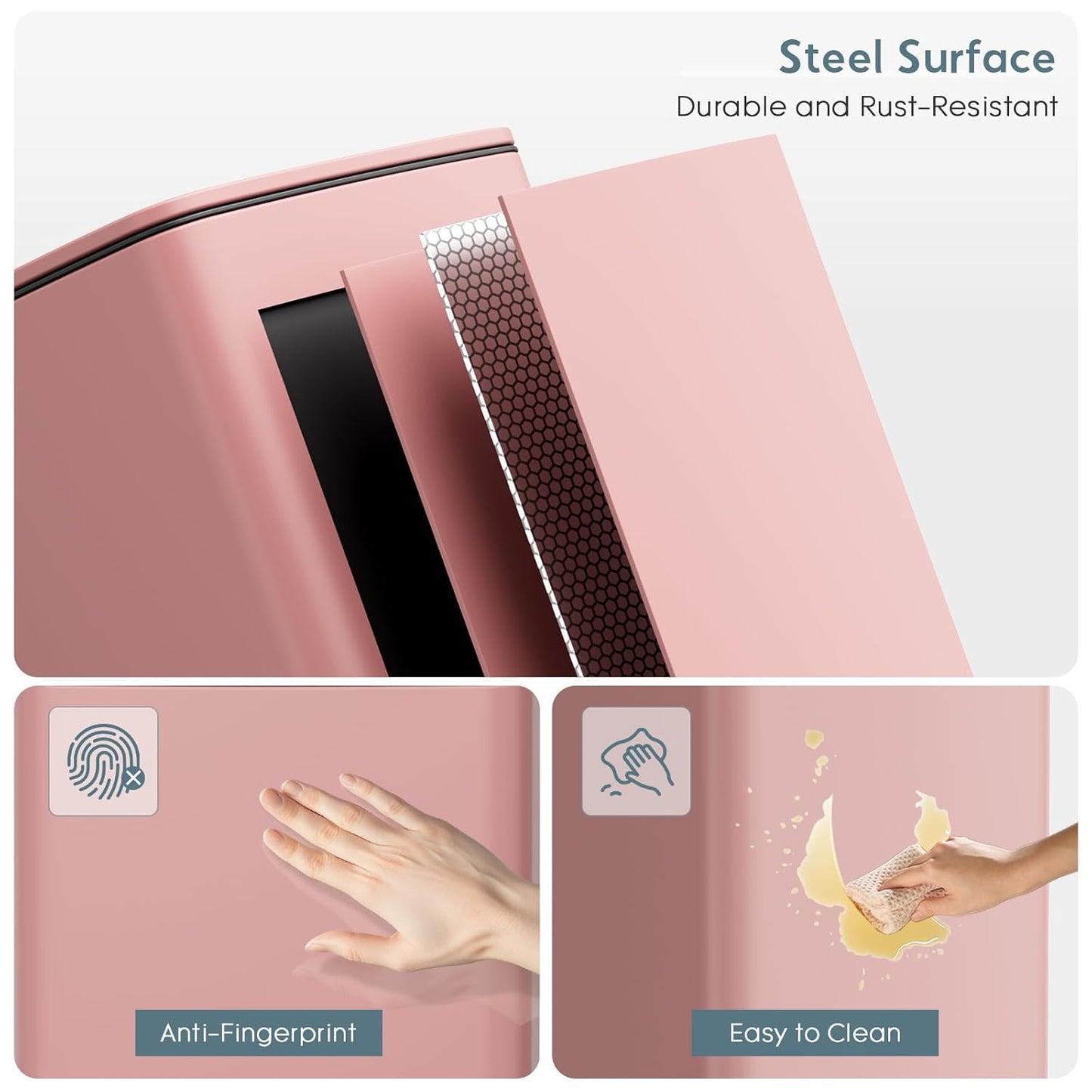 LIFERUN 30L Kitchen Pedal Bin, Rectangular Steel Trash Can with Soft-Close Lid, Interior Bucket and Open Hold Function for Kitchen, Living Room and Office - Pink