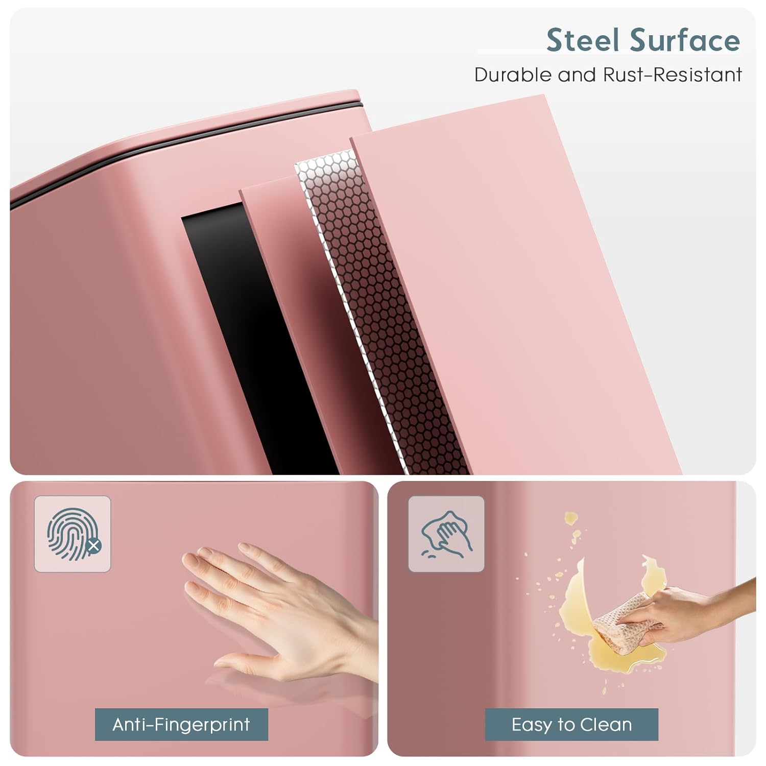 LIFERUN 30L Kitchen Pedal Bin, Rectangular Steel Trash Can with Soft-Close Lid, Interior Bucket and Open Hold Function for Kitchen, Living Room and Office - Pink