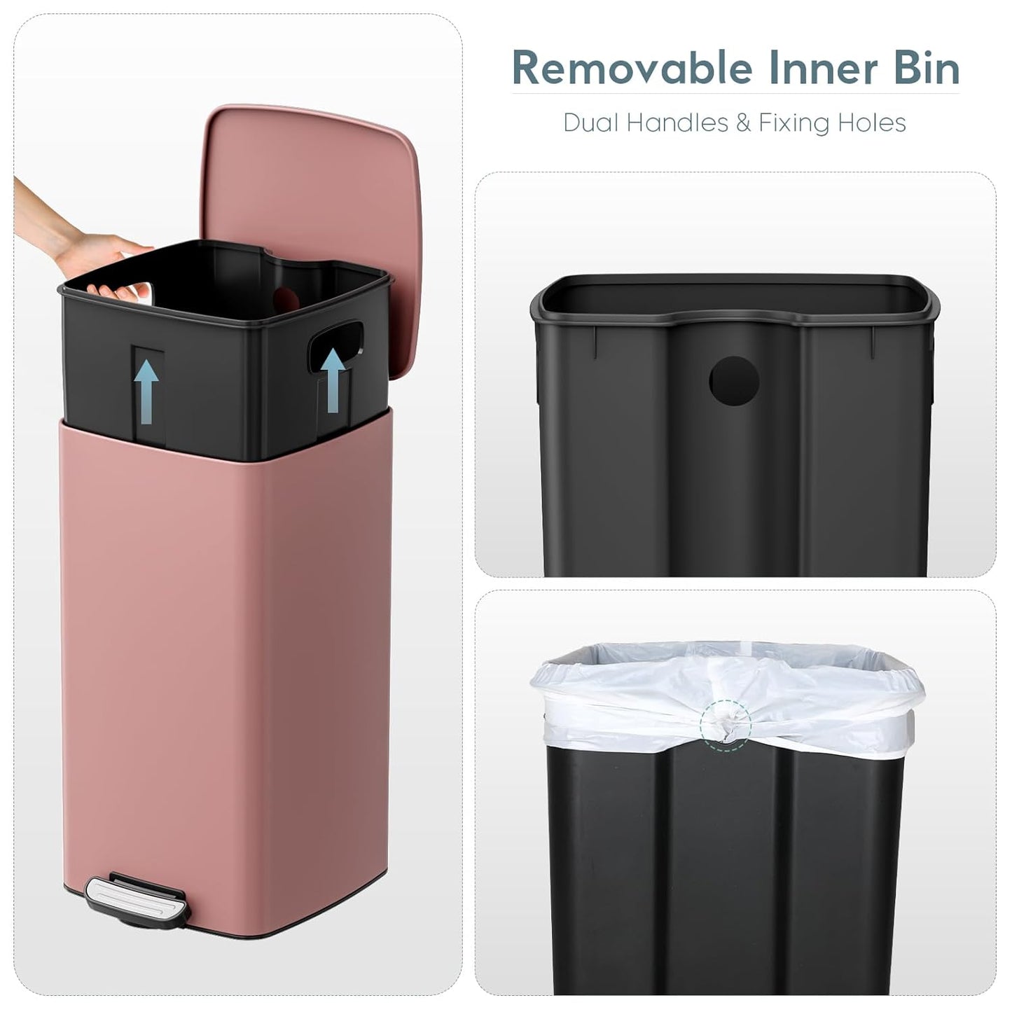 LIFERUN 30L Kitchen Pedal Bin, Rectangular Steel Trash Can with Soft-Close Lid, Interior Bucket and Open Hold Function for Kitchen, Living Room and Office - Pink