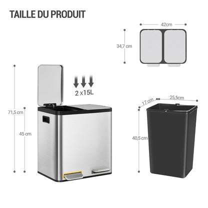 Hzuaneri Poubelle Cuisine, 30L (2 x 15 L), Poubelle Tri Selectif 2, Poubelles Tri avec Pédales à code couleur, Ilencieux et retombe lentement, avec 15 Sacs Poubelles, pour Cuisine, Argent SW21599E