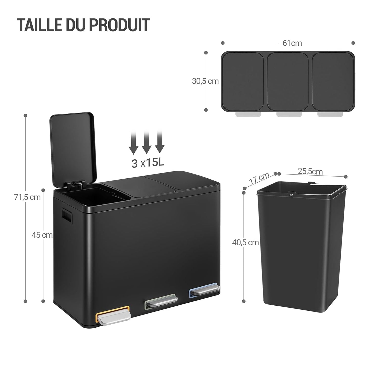 Hzuaneri Poubelle Cuisine, 45L (3 x 15 L), Poubelle Tri Selectif 3, Poubelles Tri avec Pédales à code couleur, Ilencieux et retombe lentement, avec 15 Sacs Poubelles, pour Cuisine, Noir SW04599B