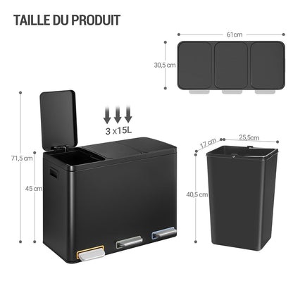 Hzuaneri Poubelle Cuisine, 45L (3 x 15 L), Poubelle Tri Selectif 3, Poubelles Tri avec Pédales à code couleur, Ilencieux et retombe lentement, avec 15 Sacs Poubelles, pour Cuisine, Noir SW04599B