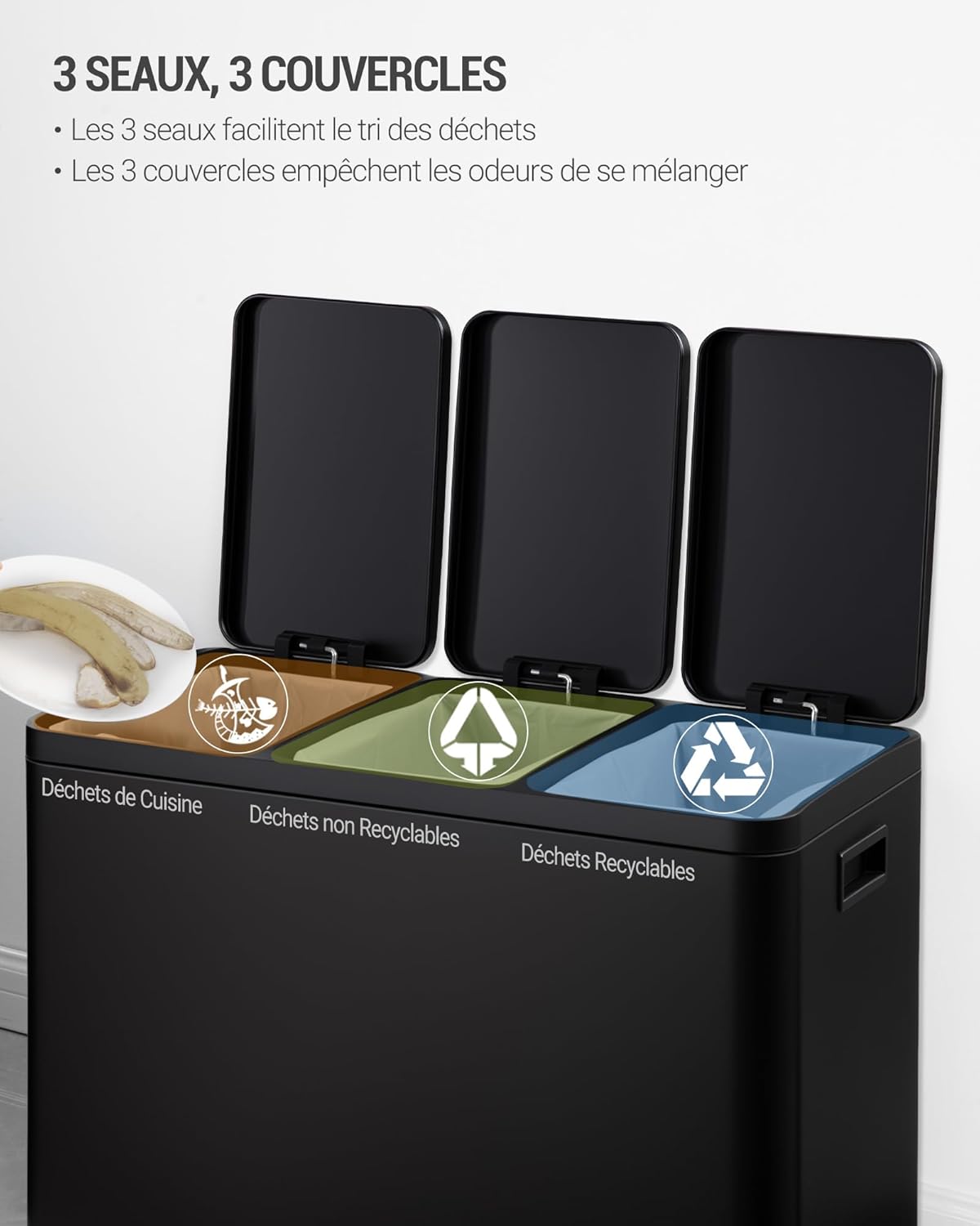 Hzuaneri Poubelle Cuisine, 45L (3 x 15 L), Poubelle Tri Selectif 3, Poubelles Tri avec Pédales à code couleur, Ilencieux et retombe lentement, avec 15 Sacs Poubelles, pour Cuisine, Noir SW04599B