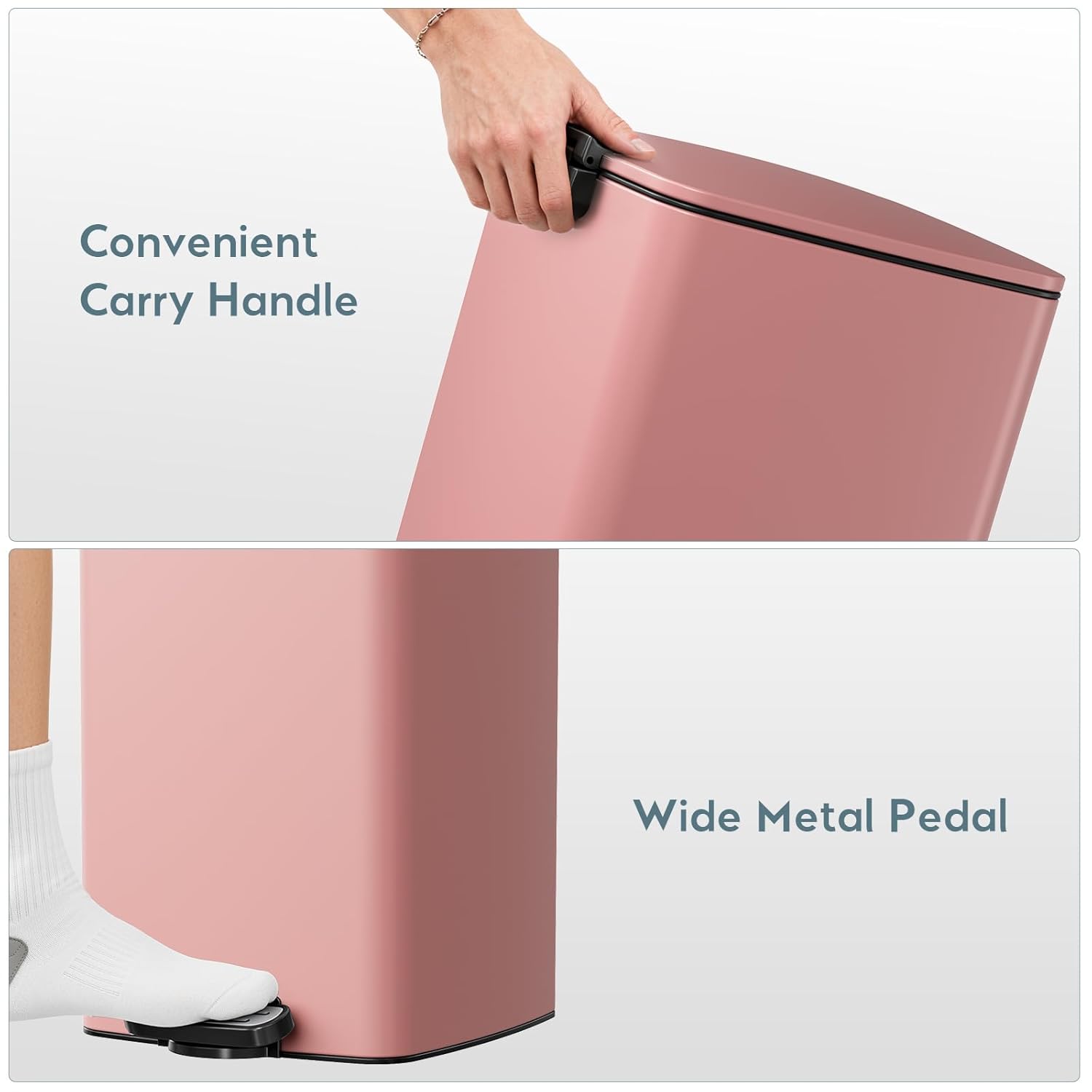 LIFERUN 30L Kitchen Pedal Bin, Rectangular Steel Trash Can with Soft-Close Lid, Interior Bucket and Open Hold Function for Kitchen, Living Room and Office - Pink