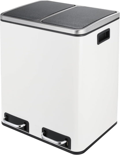 Clevich Poubelle de cuisine, 30 l, système de tri sélectif, 2 x 15 litres, sac poubelle de bureau, poubelle à pédale, déchets recyclables, déchets biologiques, couvercle Softclose, blanche