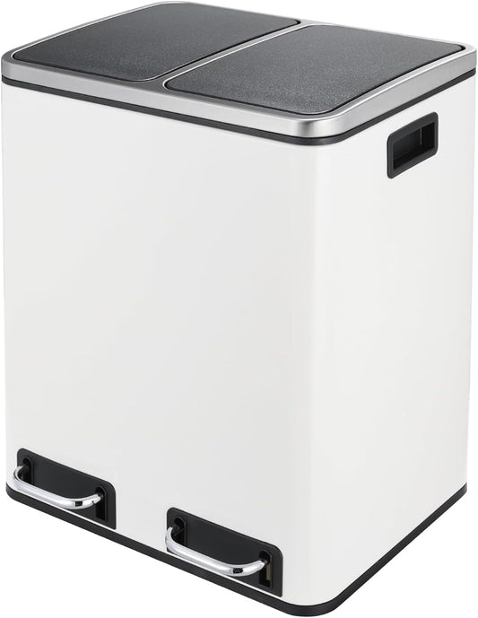 Clevich Poubelle de cuisine, 30 l, système de tri sélectif, 2 x 15 litres, sac poubelle de bureau, poubelle à pédale, déchets recyclables, déchets biologiques, couvercle Softclose, blanche