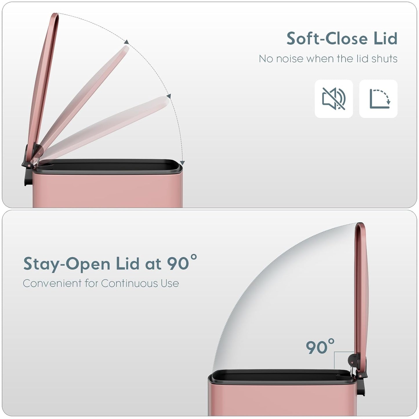 LIFERUN 30L Kitchen Pedal Bin, Rectangular Steel Trash Can with Soft-Close Lid, Interior Bucket and Open Hold Function for Kitchen, Living Room and Office - Pink