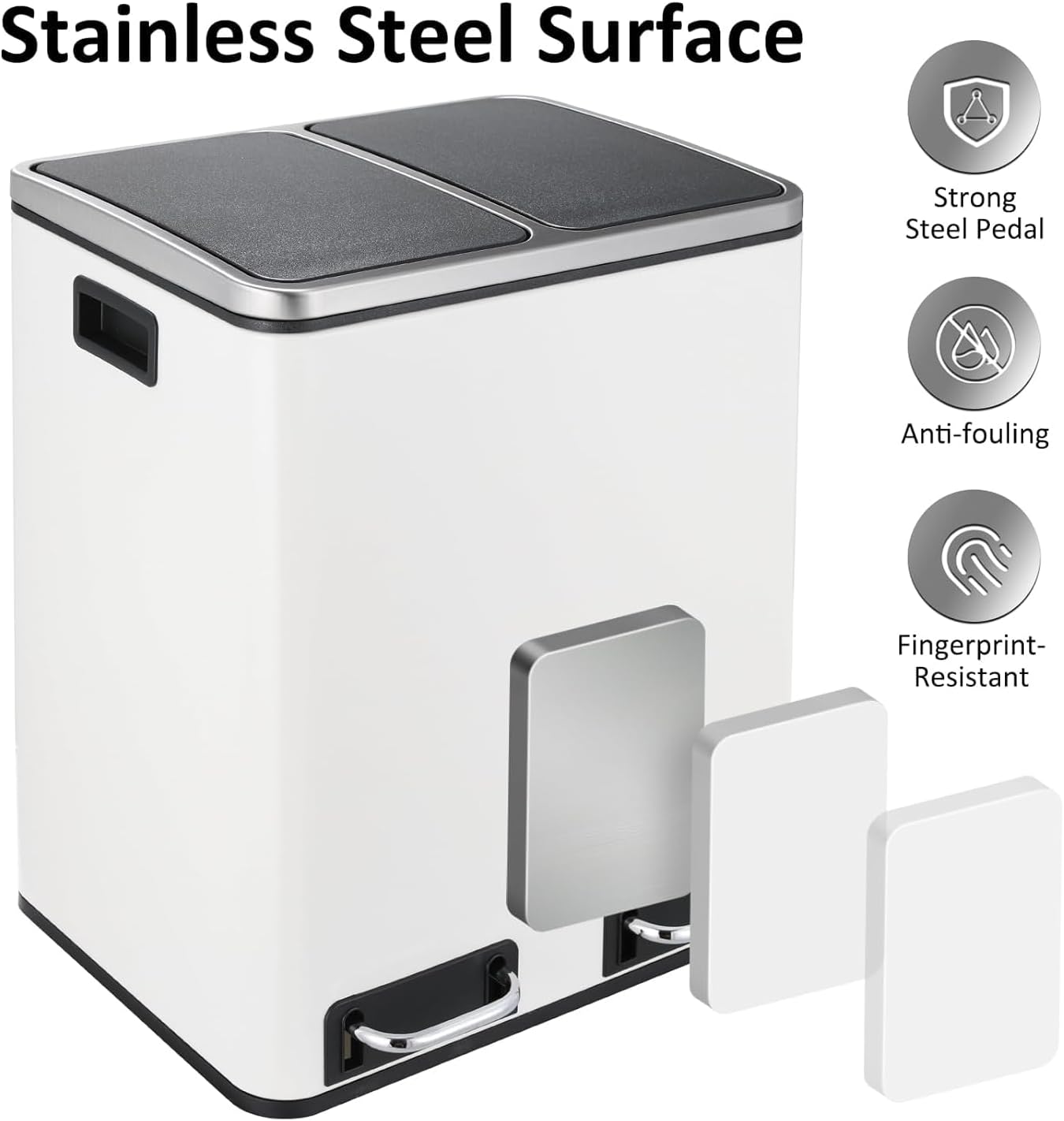 Clevich Poubelle de cuisine, 30 l, système de tri sélectif, 2 x 15 litres, sac poubelle de bureau, poubelle à pédale, déchets recyclables, déchets biologiques, couvercle Softclose, blanche