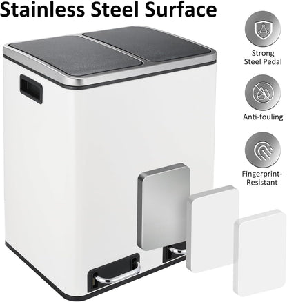 Clevich Poubelle de cuisine, 30 l, système de tri sélectif, 2 x 15 litres, sac poubelle de bureau, poubelle à pédale, déchets recyclables, déchets biologiques, couvercle Softclose, blanche