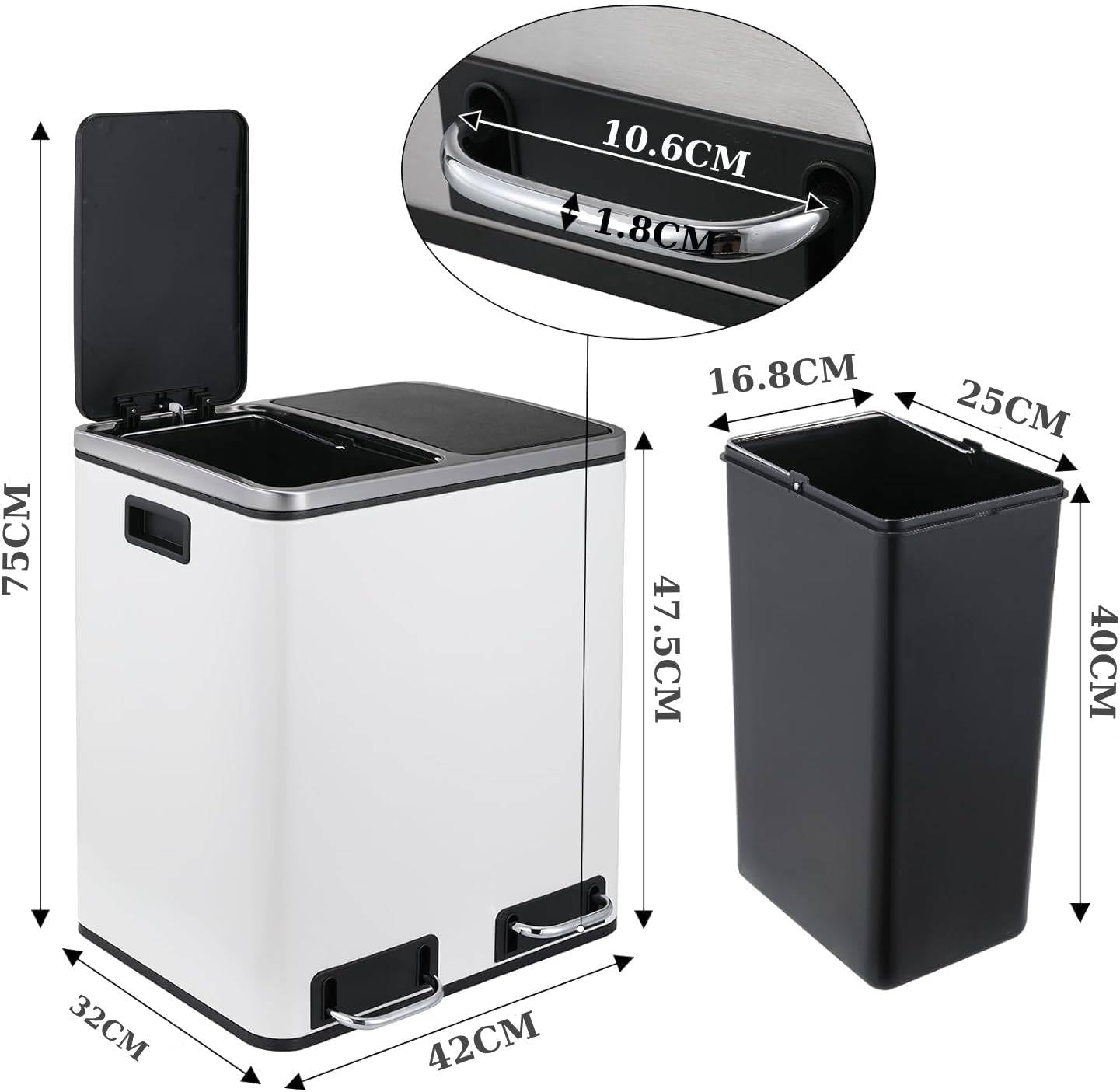 Clevich Poubelle de cuisine, 30 l, système de tri sélectif, 2 x 15 litres, sac poubelle de bureau, poubelle à pédale, déchets recyclables, déchets biologiques, couvercle Softclose, blanche