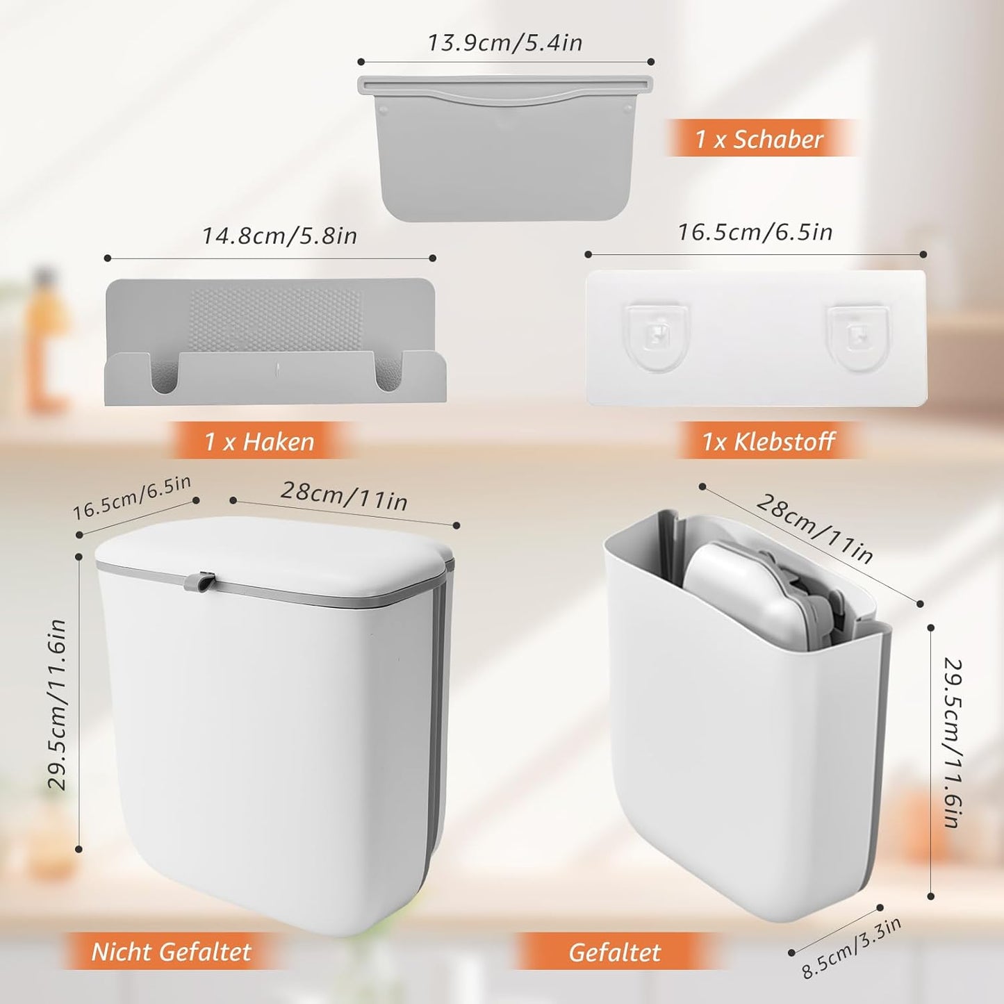 10 L Poubelle Murale pour Cuisine, Poubelle de Pliable Suspendue avec Couvercle, Poubelles Compostable pour Salle de Bain, Trash Bin murale pour Camping-Car/Cuisine/Toilettes/Sous Evier(Blanc)