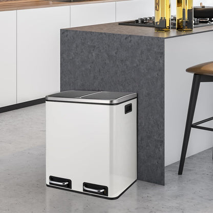 Clevich Poubelle de cuisine, 30 l, système de tri sélectif, 2 x 15 litres, sac poubelle de bureau, poubelle à pédale, déchets recyclables, déchets biologiques, couvercle Softclose, blanche