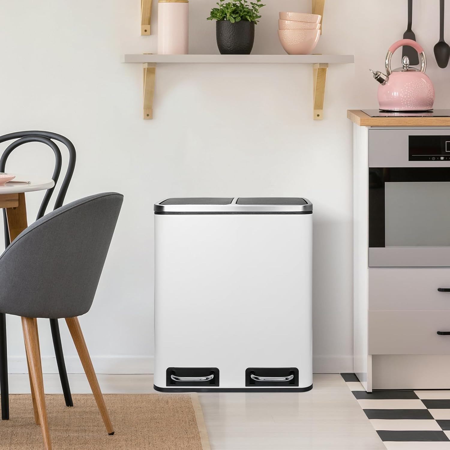 Clevich Poubelle de cuisine, 30 l, système de tri sélectif, 2 x 15 litres, sac poubelle de bureau, poubelle à pédale, déchets recyclables, déchets biologiques, couvercle Softclose, blanche