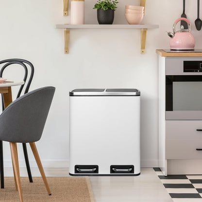 Clevich Poubelle de cuisine, 30 l, système de tri sélectif, 2 x 15 litres, sac poubelle de bureau, poubelle à pédale, déchets recyclables, déchets biologiques, couvercle Softclose, blanche