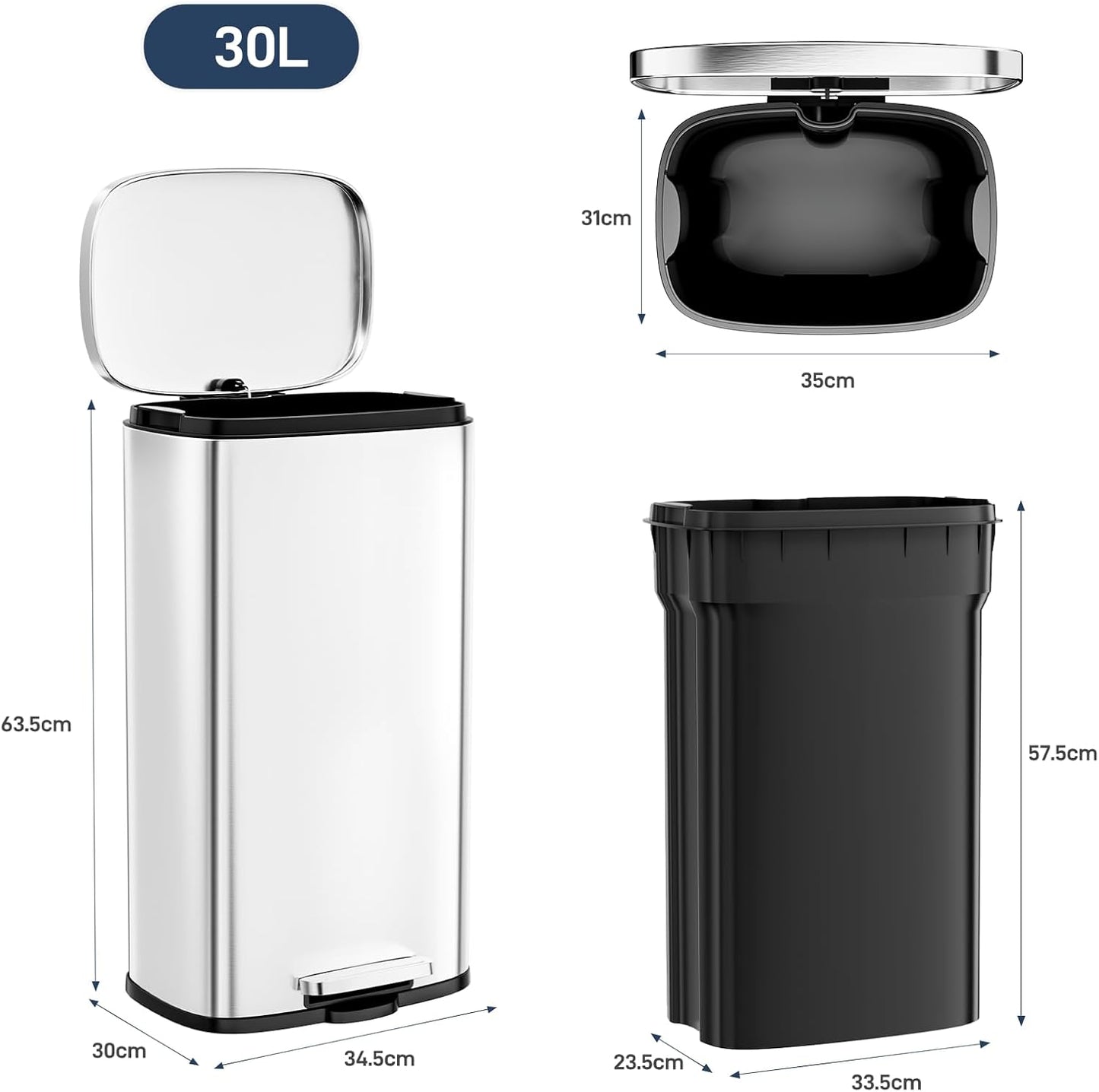 Clevich Poubelle 30 l en acier - Poubelle à pédale avec couvercle Soft-Close - Pédale - Seau intérieur amovible en plastique - Pour cuisine, salle de bain, bureau - Argenté