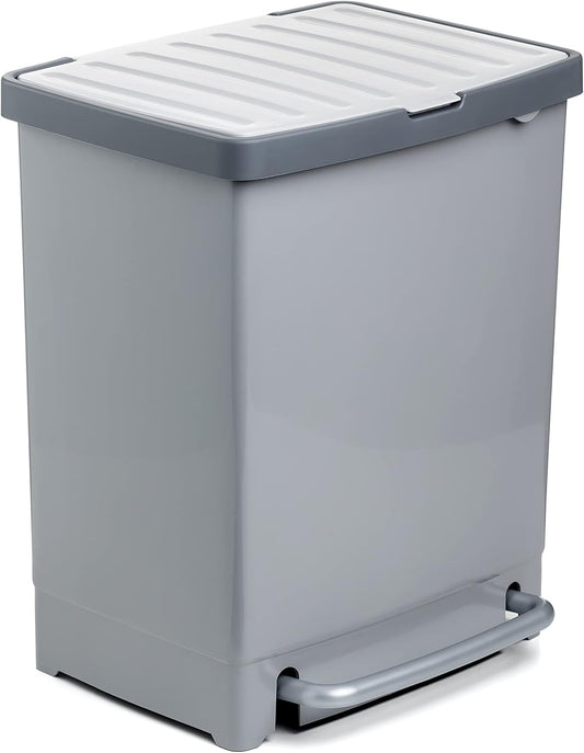 TATAY Poubelle de Recyclage avec Pédale 25L | Séparateur Intérieur pour 2 Déchets | Usage Intérieur et Extérieur | Pour Sacs de 30L | Plastique Résistant Sans BPA | 33,5x31x42 cm, Gris