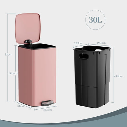 LIFERUN 30L Kitchen Pedal Bin, Rectangular Steel Trash Can with Soft-Close Lid, Interior Bucket and Open Hold Function for Kitchen, Living Room and Office - Pink