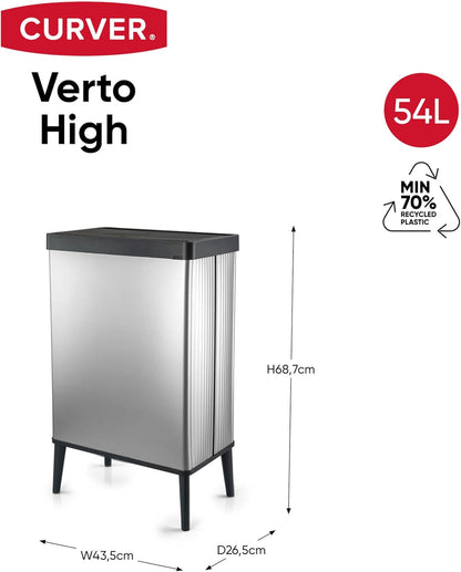 Curver - Poubelle Verto haute capacité de 54 L, couvercle poussoir, design élégant, assemblage facile, recyclable, argent perlé