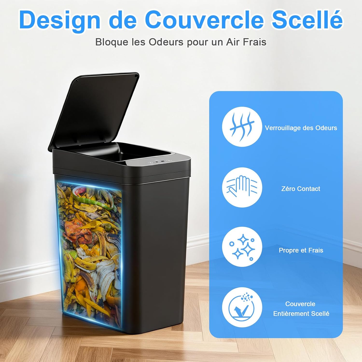 Pack de 2 Poubelles Automatiques (12L & 15L) avec Capteur de Mouvement – Poubelle de Salle de Bain, Poubelles Intelligentes Étanches et Silencieuses pour Cuisine, Salle de Bain, Bureau et Chambre Noir