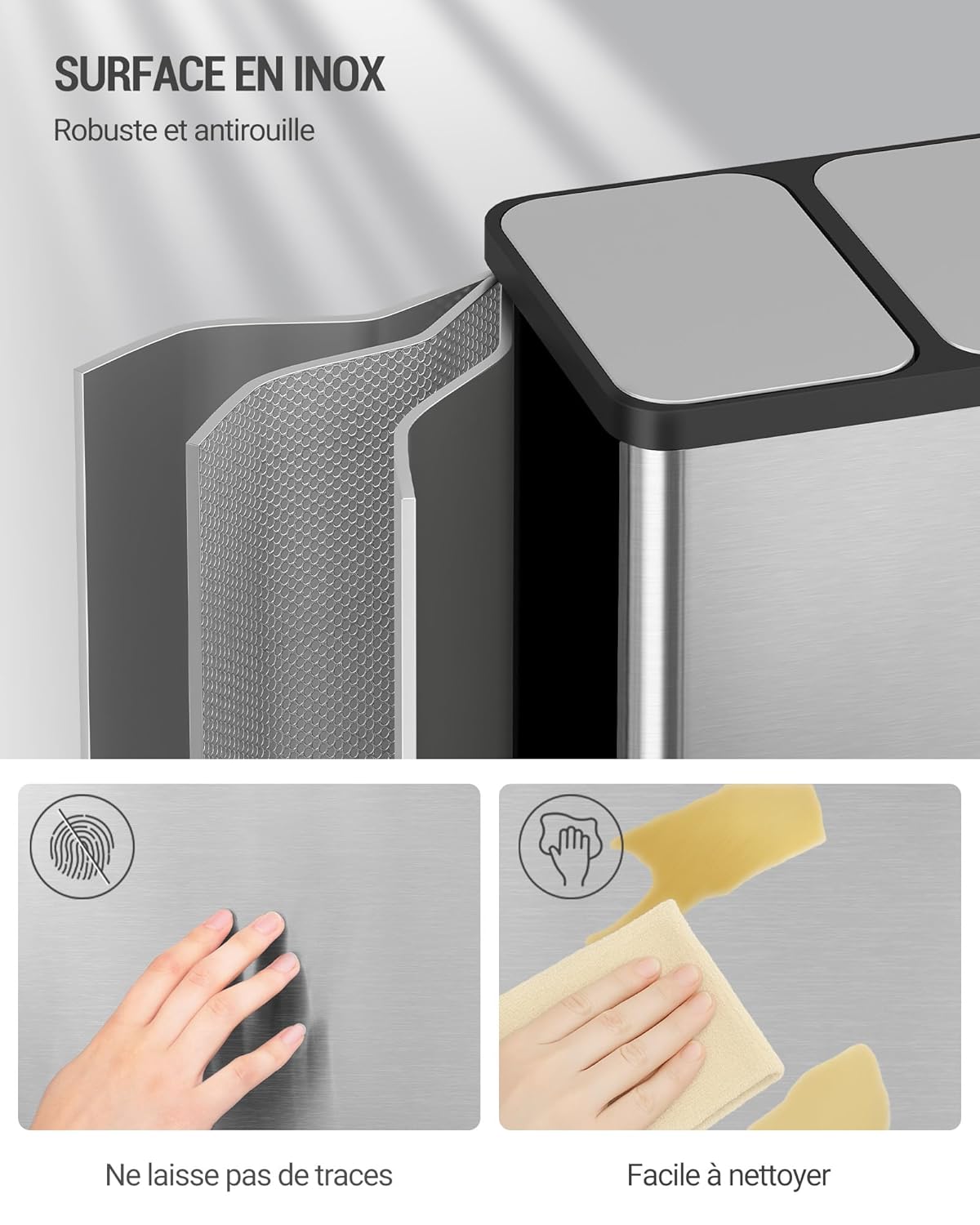 Hzuaneri Poubelle Cuisine, 30L (2 x 15 L), Poubelle Tri Selectif 2, Poubelles Tri avec Pédales à code couleur, Ilencieux et retombe lentement, avec 15 Sacs Poubelles, pour Cuisine, Argent SW21599E