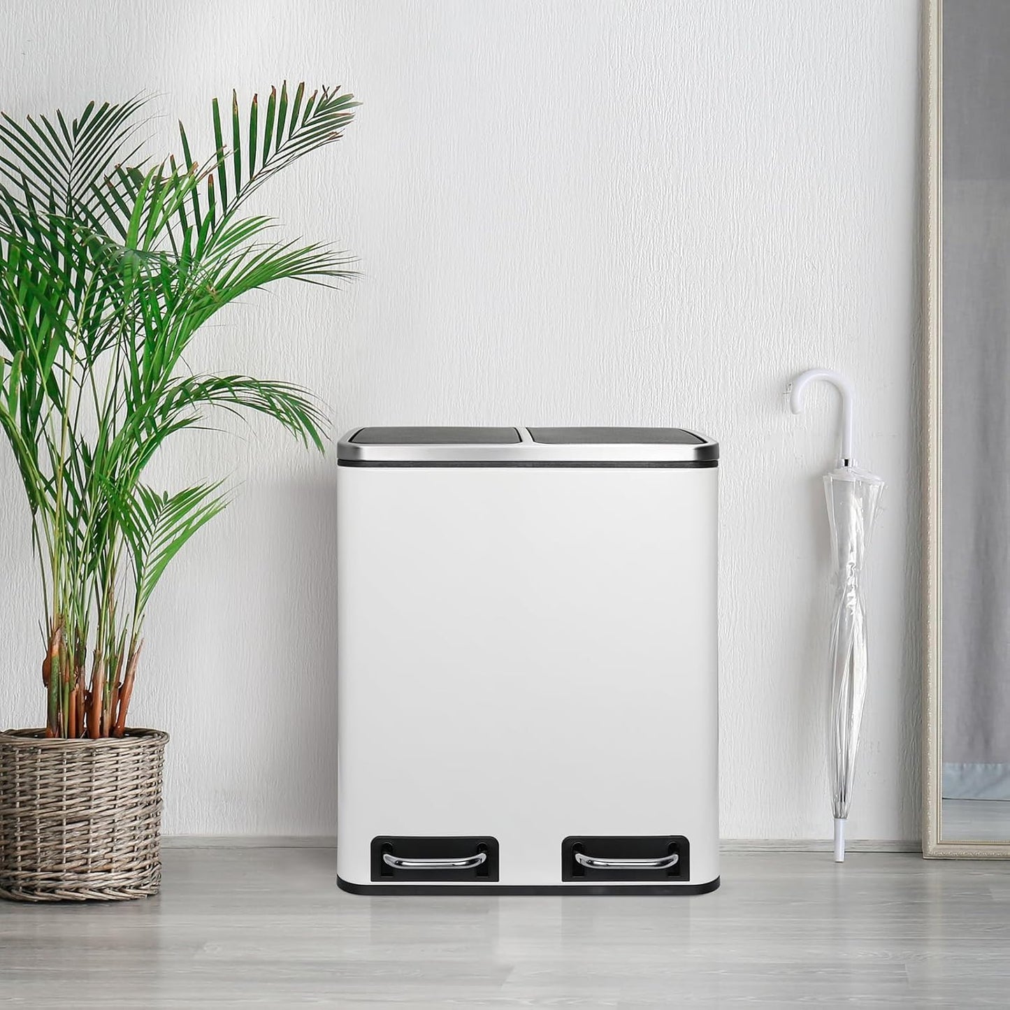 Clevich Poubelle de cuisine, 30 l, système de tri sélectif, 2 x 15 litres, sac poubelle de bureau, poubelle à pédale, déchets recyclables, déchets biologiques, couvercle Softclose, blanche