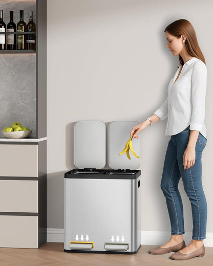 Hzuaneri Poubelle Cuisine, 30L (2 x 15 L), Poubelle Tri Selectif 2, Poubelles Tri avec Pédales à code couleur, Ilencieux et retombe lentement, avec 15 Sacs Poubelles, pour Cuisine, Argent SW21599E