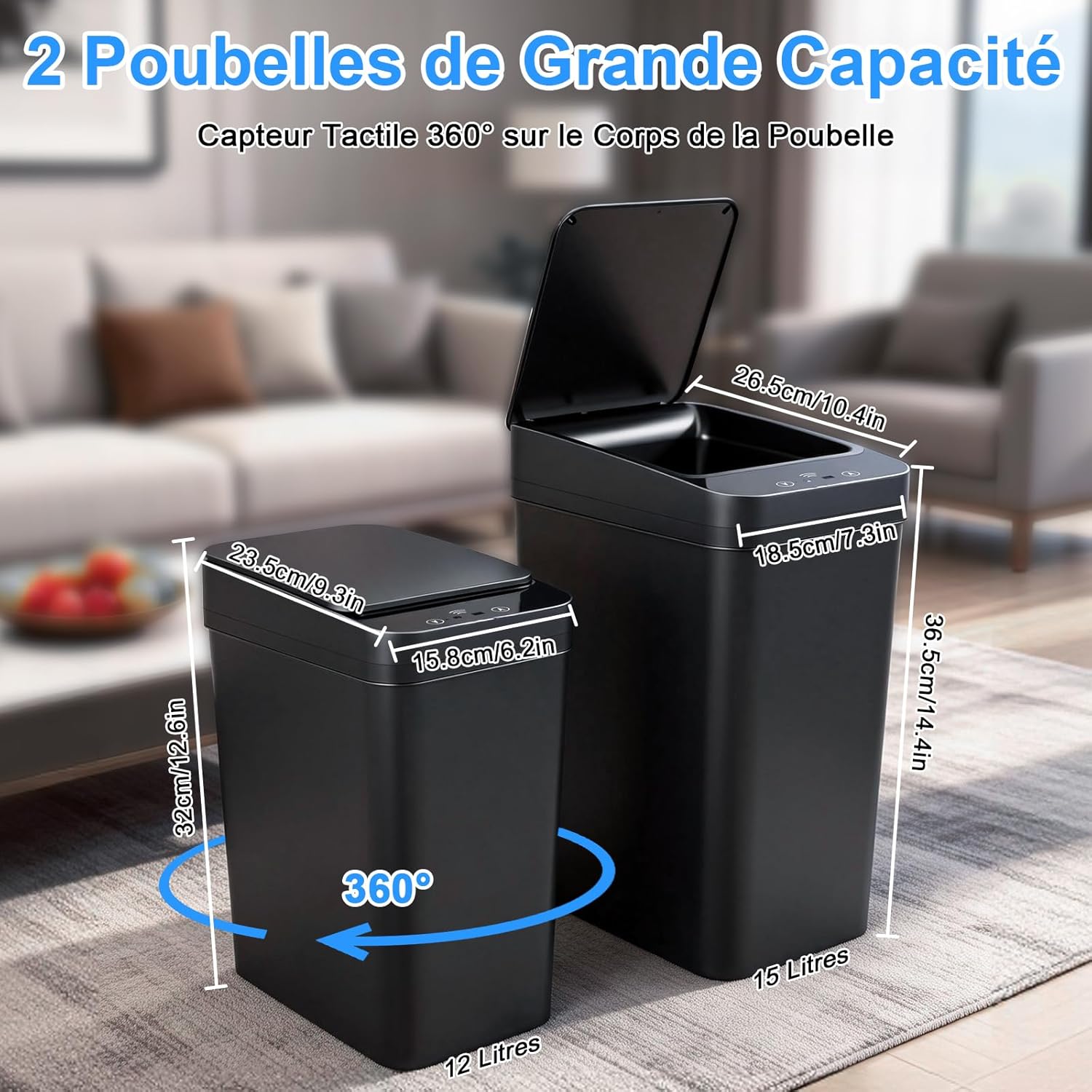 Pack de 2 Poubelles Automatiques (12L & 15L) avec Capteur de Mouvement – Poubelle de Salle de Bain, Poubelles Intelligentes Étanches et Silencieuses pour Cuisine, Salle de Bain, Bureau et Chambre Noir