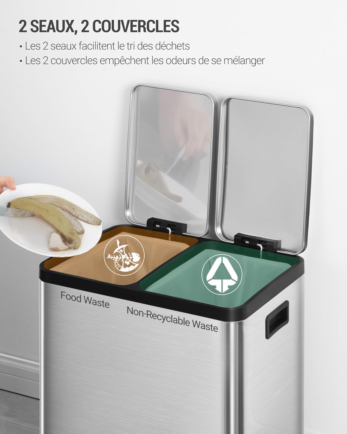 Hzuaneri Poubelle Cuisine, 30L (2 x 15 L), Poubelle Tri Selectif 2, Poubelles Tri avec Pédales à code couleur, Ilencieux et retombe lentement, avec 15 Sacs Poubelles, pour Cuisine, Argent SW21599E