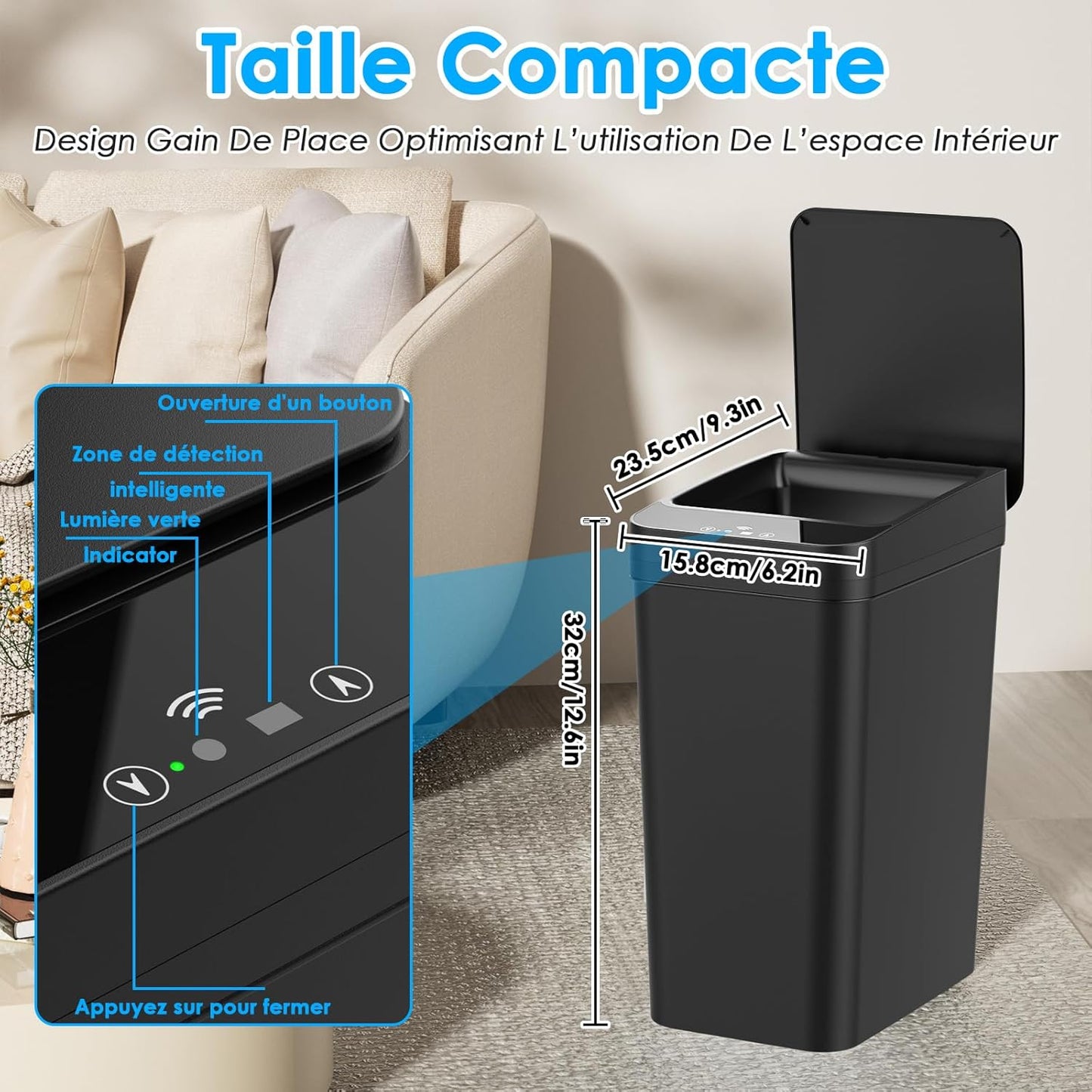 Dreamhigh Lot de 2 poubelles électriques avec capteur, 12 l, avec couvercle automatique, intelligent, avec 3 modes d'ouverture, silencieuses et étanches, pour cuisine, salle de bain, bureau, salon