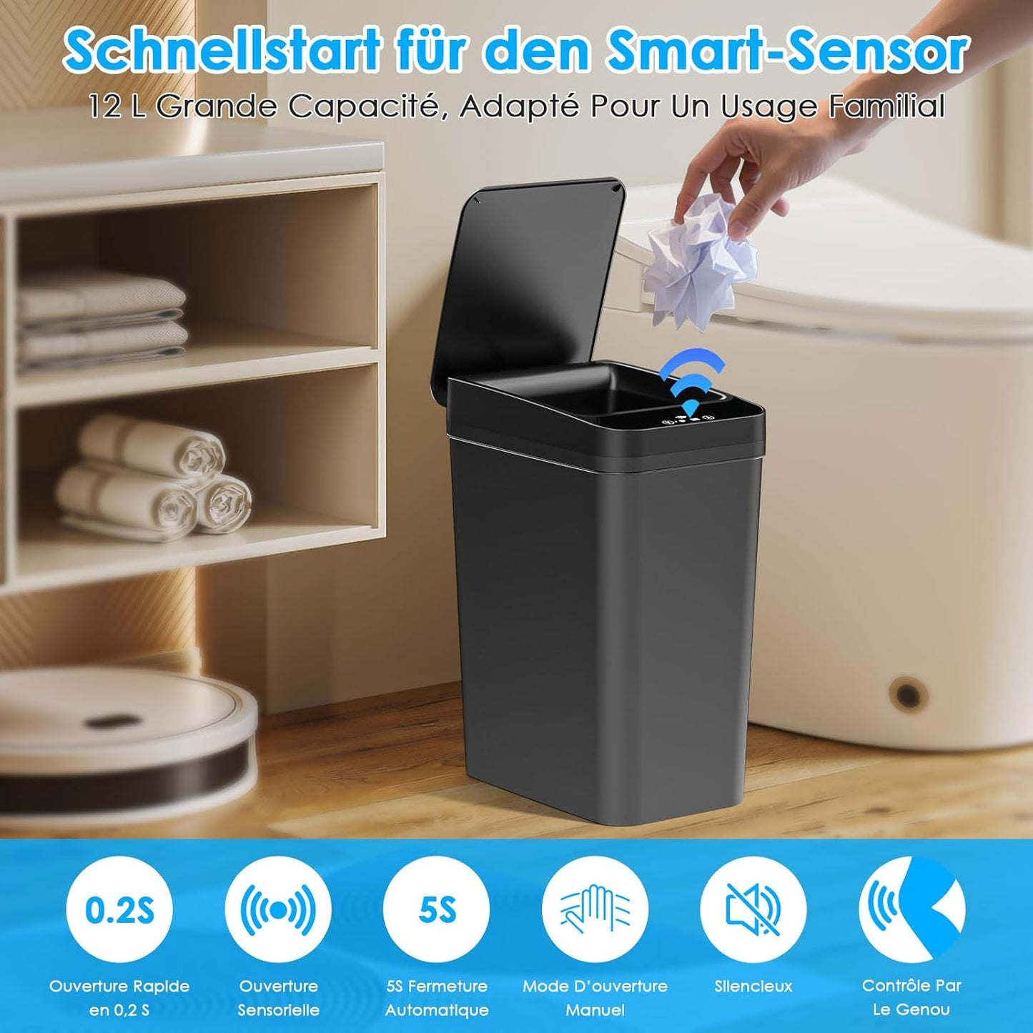 Dreamhigh Lot de 2 poubelles électriques avec capteur, 12 l, avec couvercle automatique, intelligent, avec 3 modes d'ouverture, silencieuses et étanches, pour cuisine, salle de bain, bureau, salon