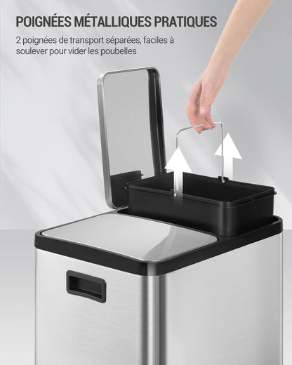Hzuaneri Poubelle Cuisine, 30L (2 x 15 L), Poubelle Tri Selectif 2, Poubelles Tri avec Pédales à code couleur, Ilencieux et retombe lentement, avec 15 Sacs Poubelles, pour Cuisine, Argent SW21599E
