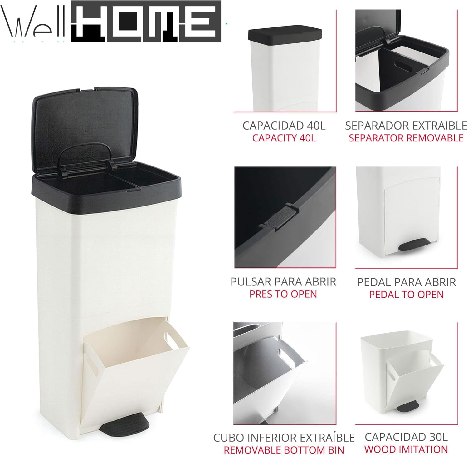 Poubelle 70L, VERTICAL, 2 compartiments, poubelle à déchets, 76 cm, gestion facile