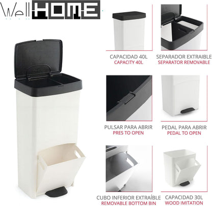 Poubelle 70L, VERTICAL, 2 compartiments, poubelle à déchets, 76 cm, gestion facile