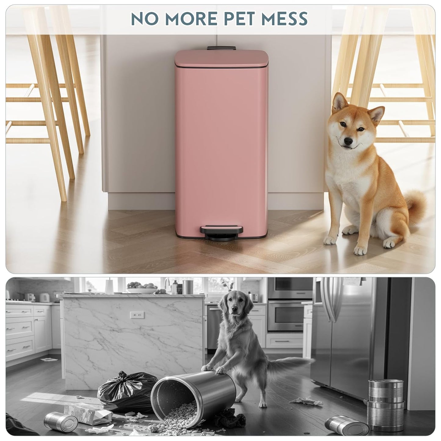 LIFERUN 30L Kitchen Pedal Bin, Rectangular Steel Trash Can with Soft-Close Lid, Interior Bucket and Open Hold Function for Kitchen, Living Room and Office - Pink