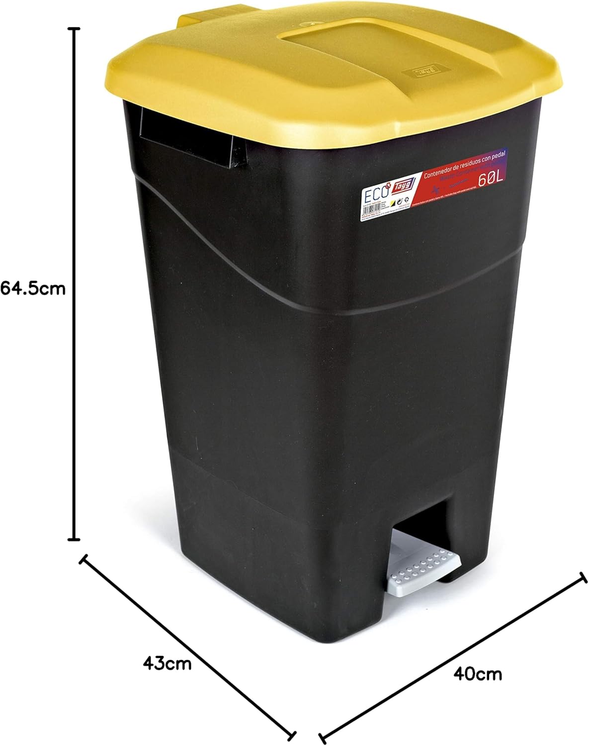 Tayg - Poubelle de 60 litres avec pédale, base noire et couvercle jaune, plastique